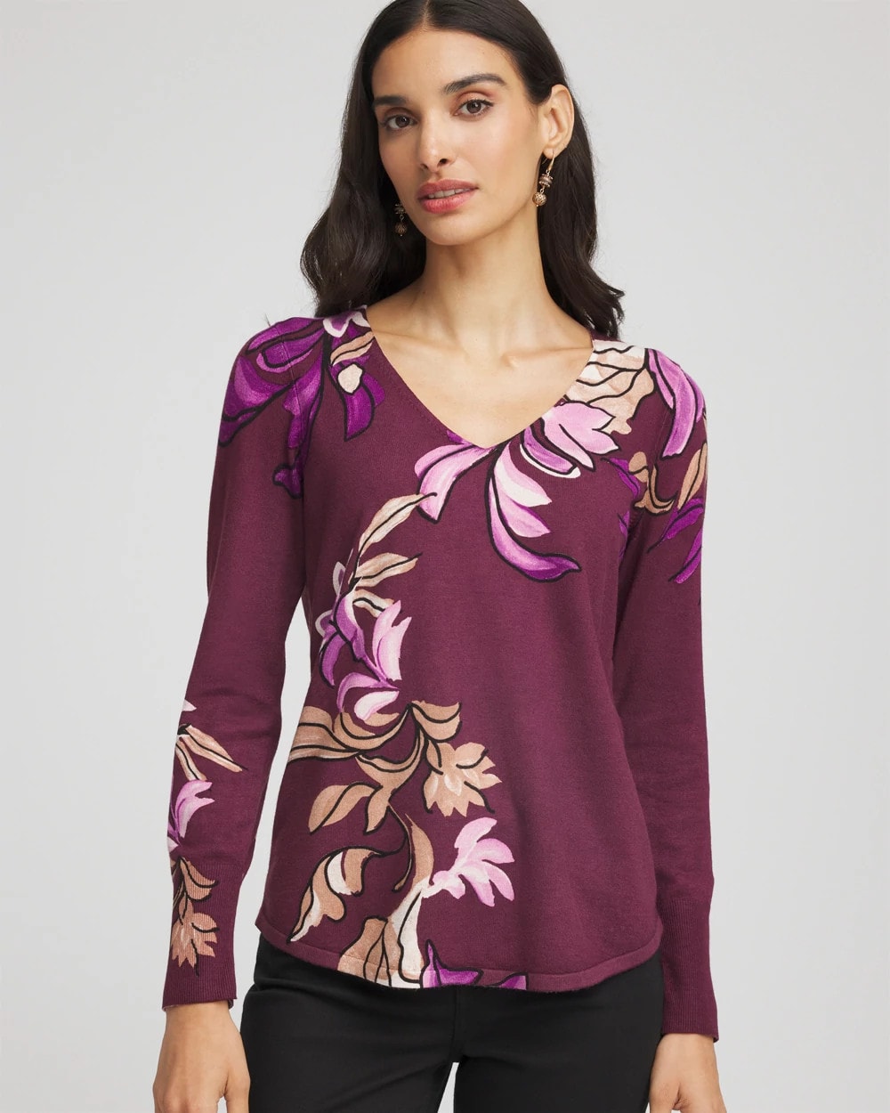 Chico's Ella V-Neck Artisanal Pullover Sweater DEEP CHIANTI