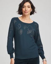 Chico's Heatset Embroidered Pullover TEAL SHADOW