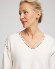 Chico's Contrast Stitch V-Neck Sweater ENGLISH CREAM
