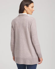 Chico's Cashmere Pearl-Trim Cardigan TAUPE HEATHER