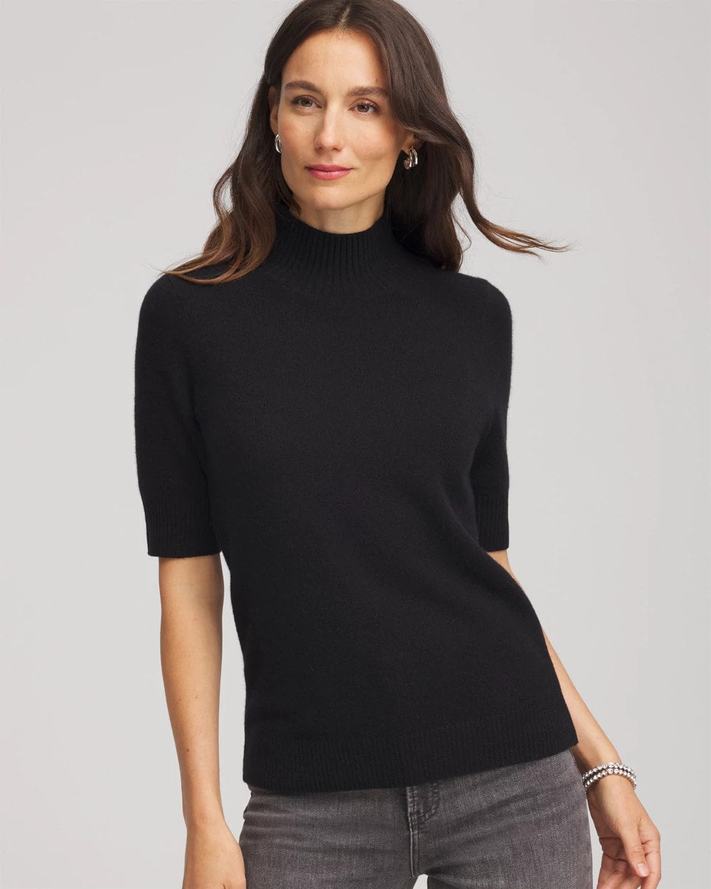 Chico's Cashmere Elbow-Sleeve Sweater BLACK