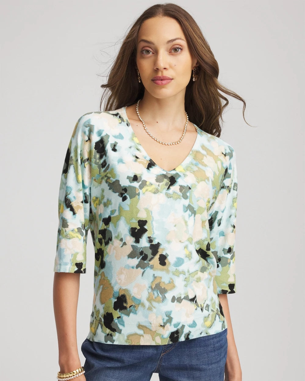 Chico's Printed Dolman V-Neck Pullover Sweater BLUE MENTHE