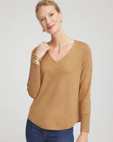 Chico's Ella V-Neck Embellished Pullover Sweater FAUX CAMEL HEATHER