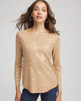 Chico's Ella Boatneck Foiled Pullover Sweater FAUX CAMEL HEATHER