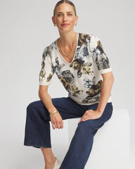 Chico's Floral V-Neck Sweater Tee ENGLISH CREAM