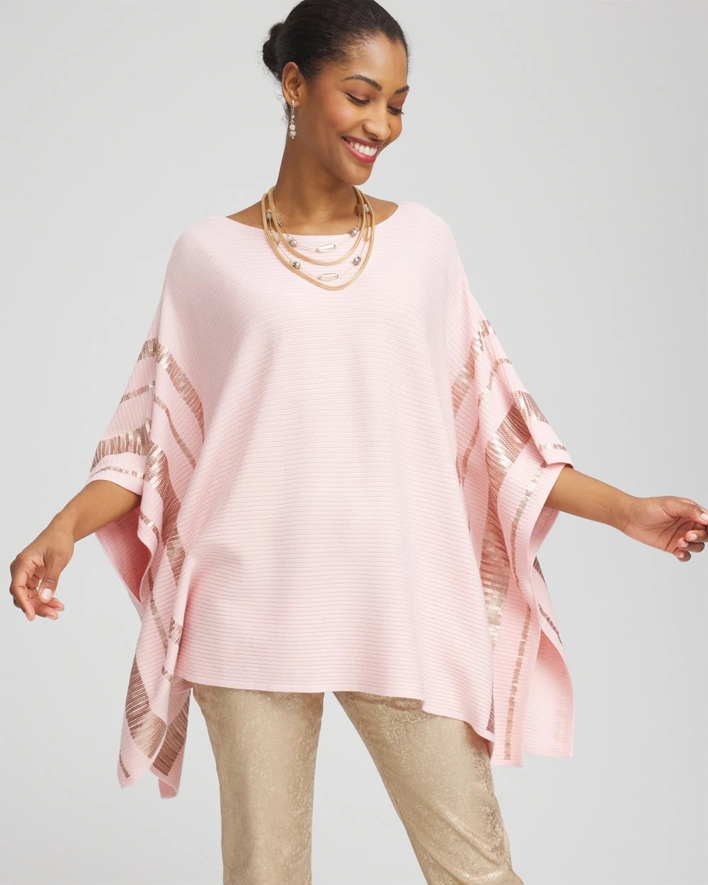 Chico's Sequin Striped Sweater Poncho BLUSHED