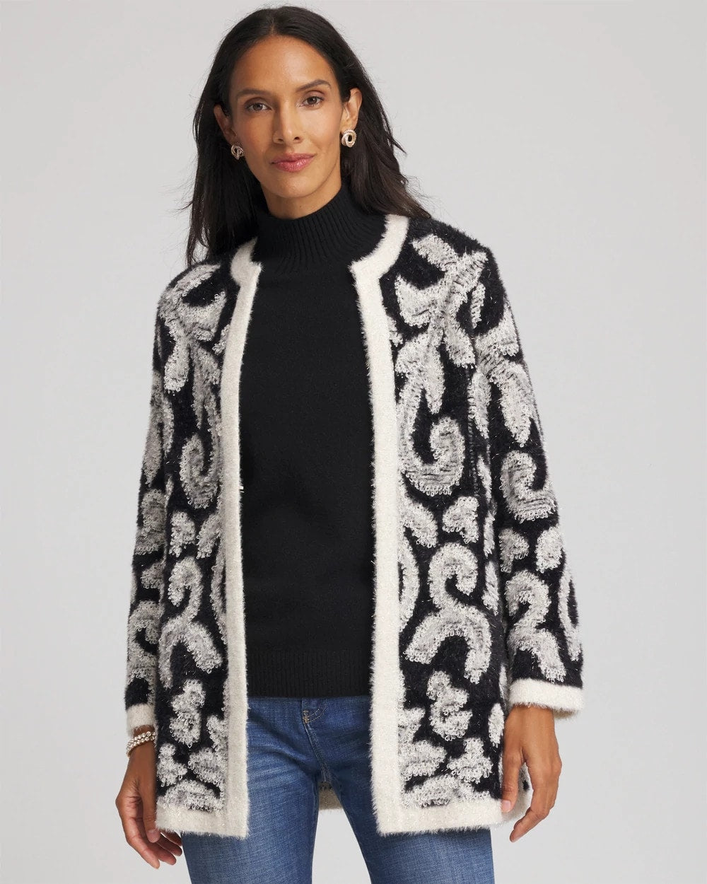 Chico's Abstract Fuzzy Cardigan BLACK