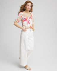 Chico's Floral Print Crochet-Trim Pullover Sweater ALABASTER