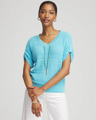 Chico's Sequin V-Neck Pullover Sweater PARADISO BLUE