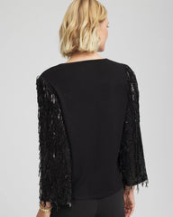 Chico's Fringe Sequins Pullover Sweater BLACK