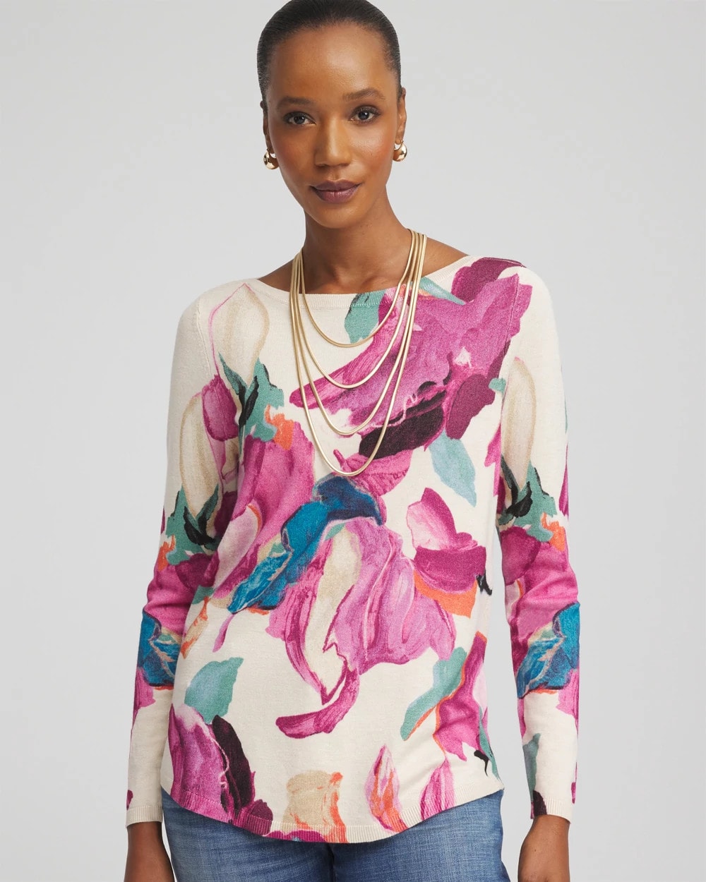 Chico's Ella Boatneck Watercolor Pullover Sweater MULTI