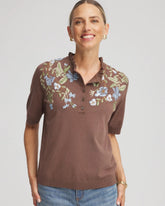 Chico's Embroidered Henley Pullover Sweater DRIED MUSHROOM