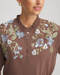 Chico's Embroidered Henley Pullover Sweater DRIED MUSHROOM