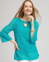 Chico's Pointelle Bateau-Neck Pullover Sweater SEASPRAY