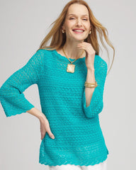 Chico's Pointelle Bateau-Neck Pullover Sweater SEASPRAY