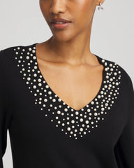 Chico's Ella Embellished V-Neck Sweater BLACK
