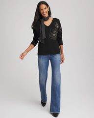 Chico's Floral Embellished Dolman V-Neck Pullover BLACK