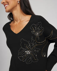 Chico's Floral Embellished Dolman V-Neck Pullover BLACK