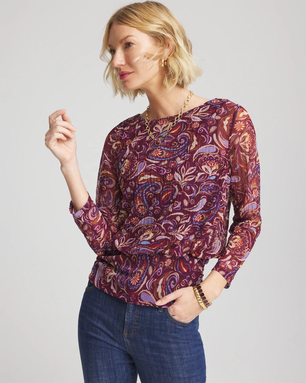 Chico's Paisley Textured Banded-Hem Top DEEP CHIANTI