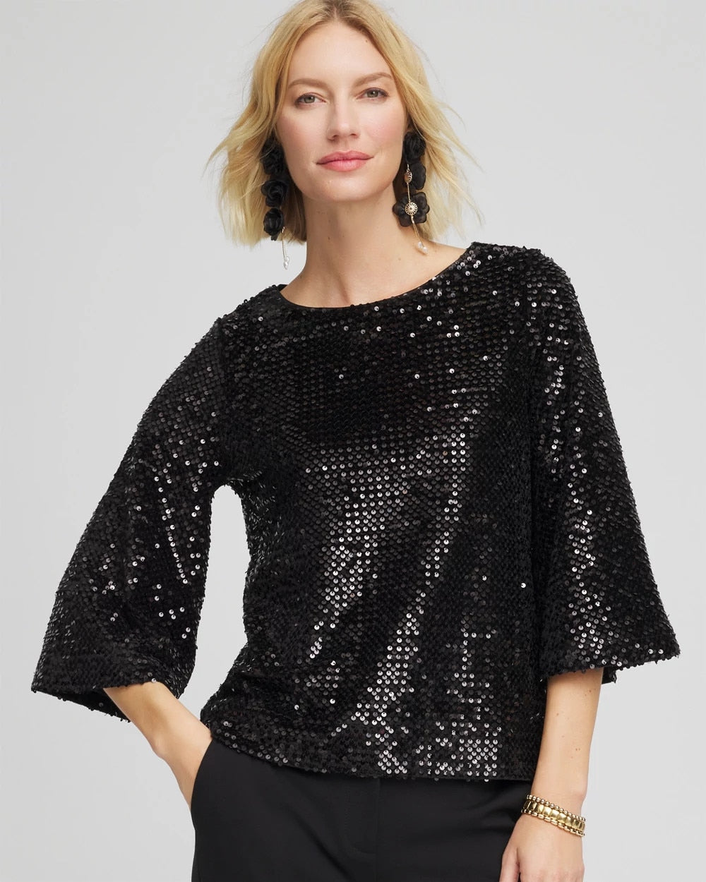 Chico's Sparkling Sequin Party Tee BLACK