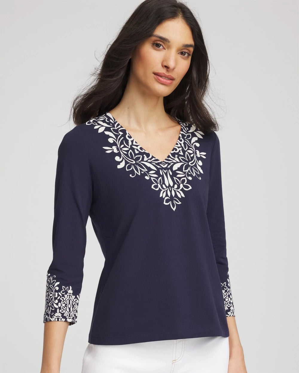 Chico's Chic Scroll 3/4 Sleeve Perfect Tee PASSPORT BLUE