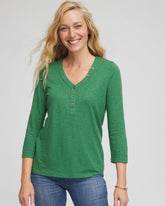 Chico's Slub Splitneck Button Tee JARDIN GREEN