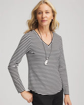 Chico's Striped V-Neck Layering Tee BLACK