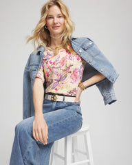 Chico's Tropical Floral Elbow-Sleeve Tee SUNSET PEACH