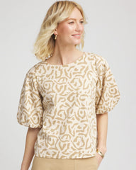 Chico's Animal Print Bubble Sleeve Top GLISTENING SAND