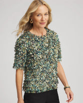 Chico's Foiled Mesh Ruffle Crop Tee DARKEST SPRUCE