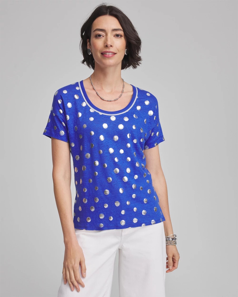 Chico's Foiled Polka-Dot Sweater-Trim Linen Tee BLUE CASA