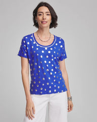 Chico's Foiled Polka-Dot Sweater-Trim Linen Tee BLUE CASA