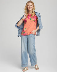 Chico's Floral Cap-Sleeve Tee SUNSET PEACH