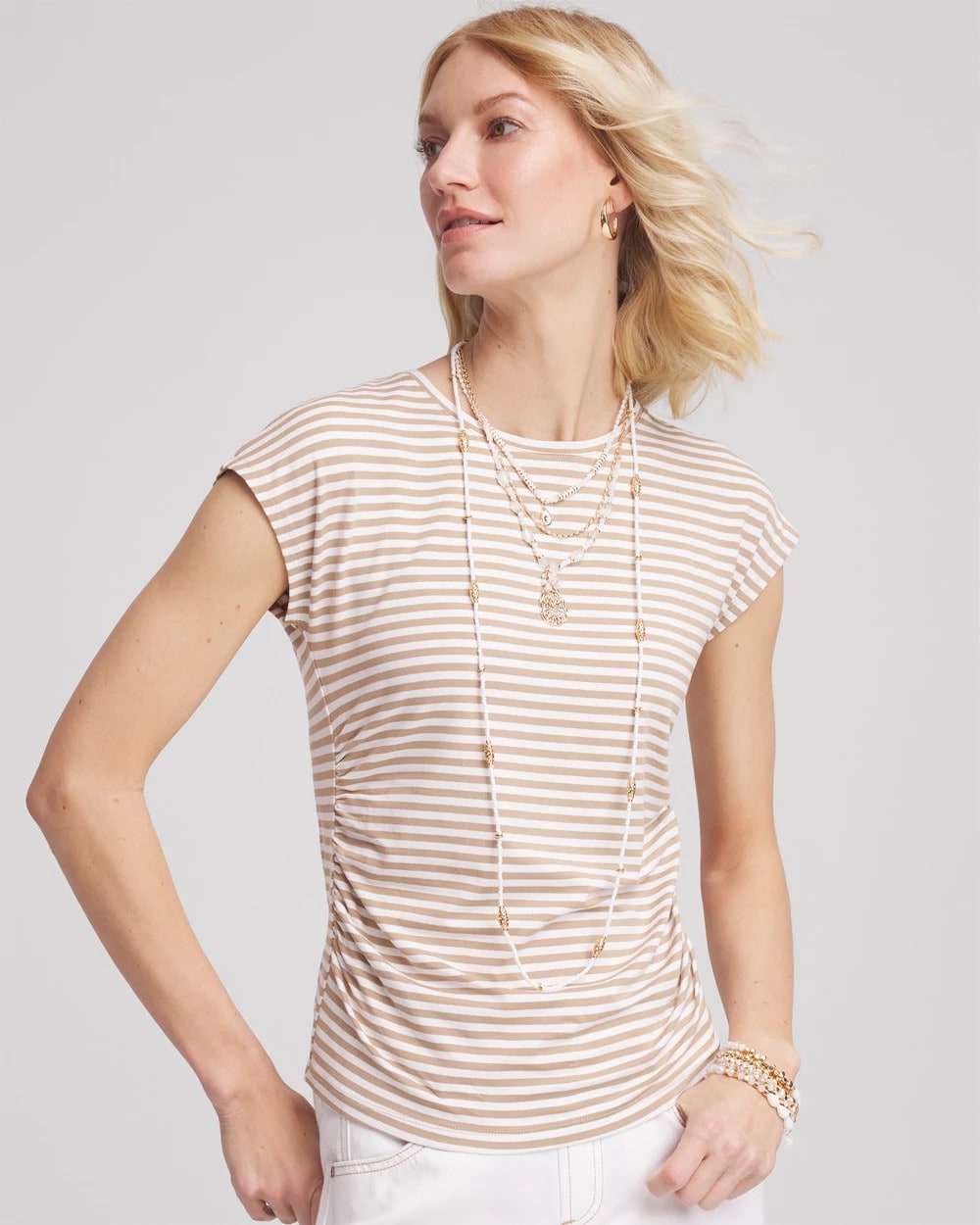 Chico's Neutral Striped Cap Sleeve Dolman Tee CAFE AROMA