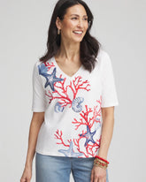 Chico's Coral Print V-Neck Perfect Tee ALABASTER
