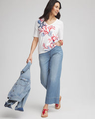 Chico's Coral Print V-Neck Perfect Tee ALABASTER