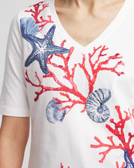 Chico's Coral Print V-Neck Perfect Tee ALABASTER