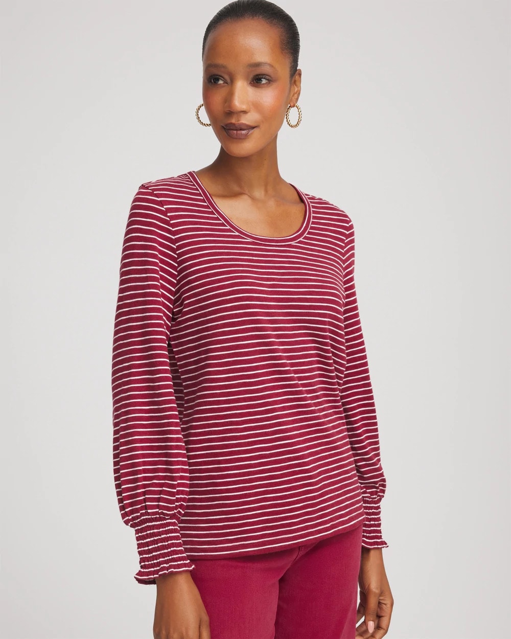 Chico's Smocked-Sleeve Cotton-Slub Tee RUSSET RED