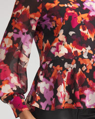 Chico's Printed Chiffon Peplum Top BLACK