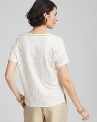 Chico's Printed Sweater Trim Linen Tee RIVER ROCK