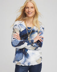 Chico's Foil Ocean Print Crinkle Top ENGLISH CREAM