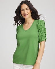 Chico's Ruched Sleeve V-Neck Tee SALTED LIME