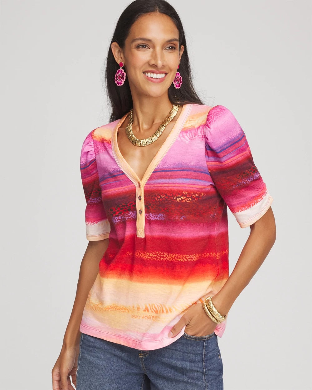 Chico's Rio Sunset Henley Tee SUNSET PEACH