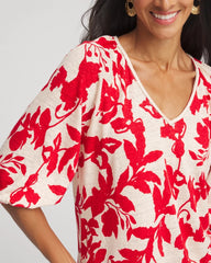 Chico's Floral Braided Linen Top RED GLOW