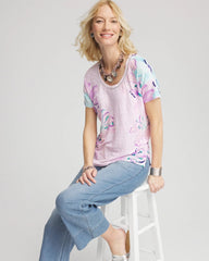 Chico's Floral Sweater-Trim Linen Tee GENTLE LAVENDER