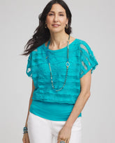 Chico's Embroidered Striped Banded Bottom Top SEASPRAY