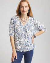 Chico's Snakeskin Print Crinkle Elbow Sleeve Tee ENGLISH CREAM
