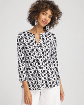 Chico's Printed Cotton Slub Henley Shirt BLACK
