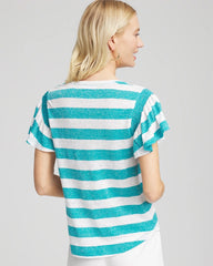 Chico's Linen Metallic Striped Flutter-Sleeve Tee SEASPRAY