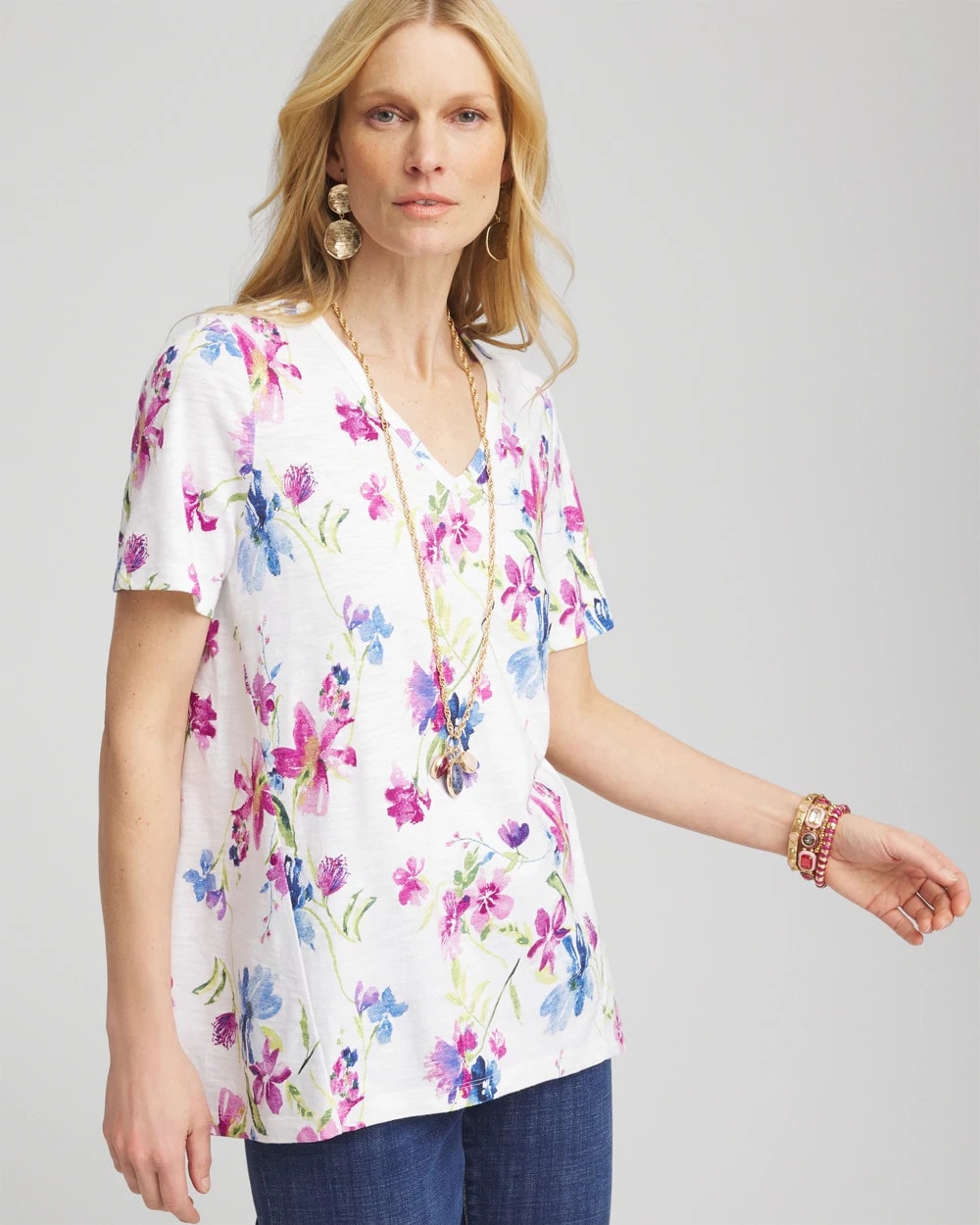 Chico's Wildflower Slub V-Neck Tee ALABASTER